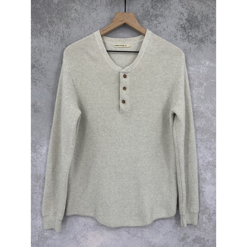 Marine Layer Henley Sweater Mens Small Cream Re-Spun Waffle Knit Pullover